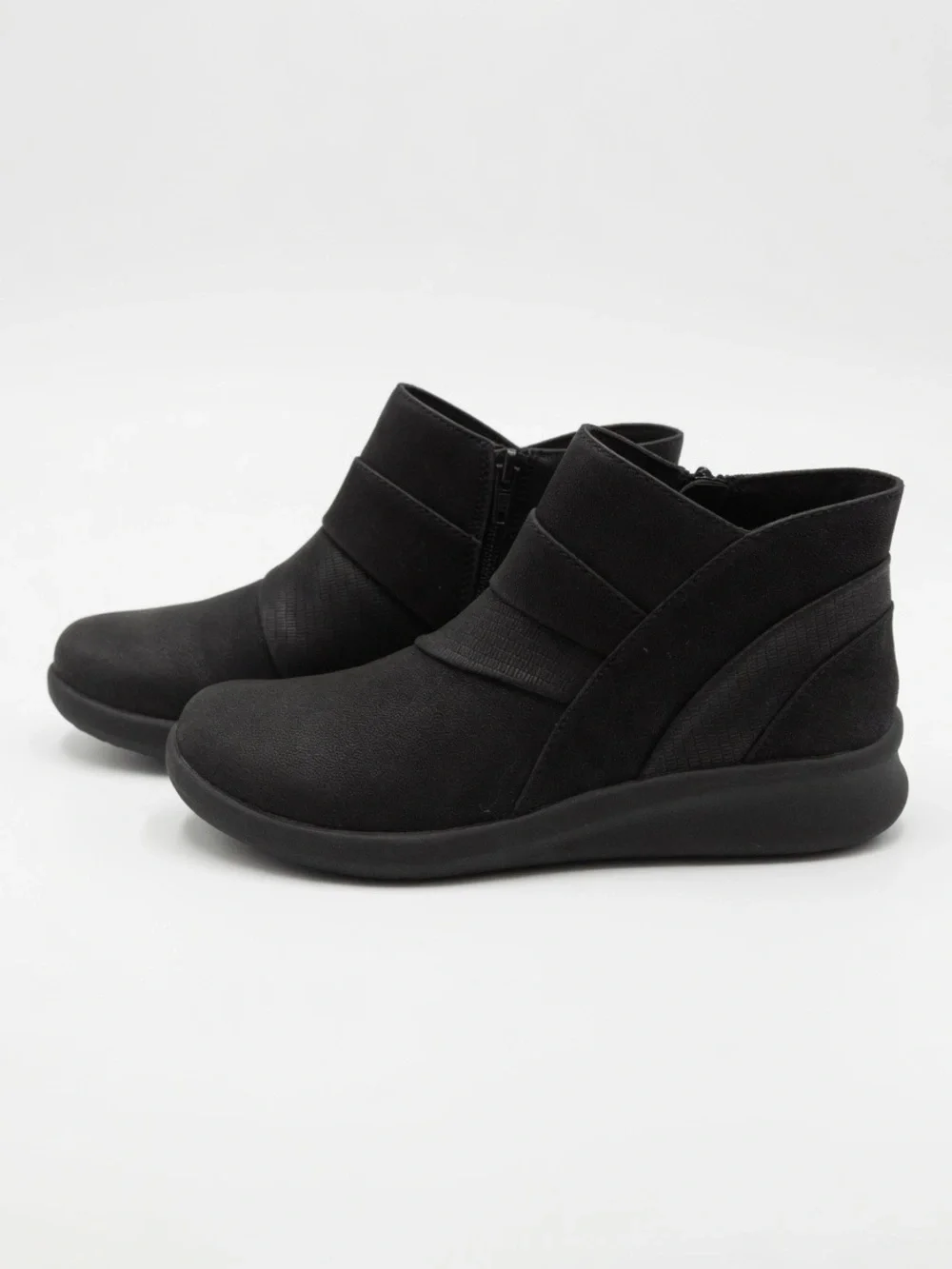 Clarks Black Ankle Wedge Booties with Side Zip